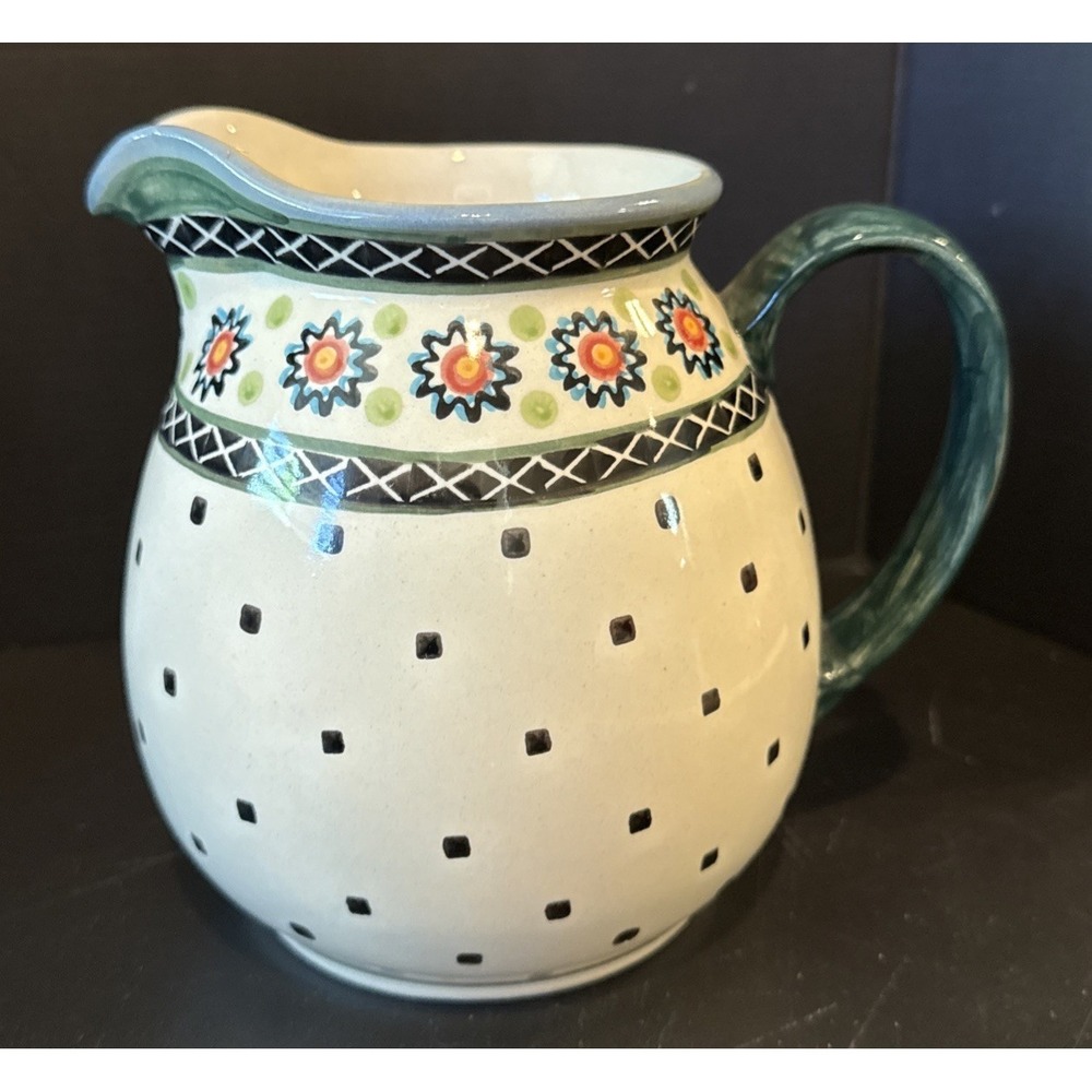 Boleslawiec Polish Art‎ Pottery Floral Blue Square Dots Pitcher Jug 6.5 Inch